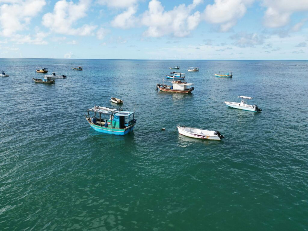 Vista panorâmica do mar na Praia do Forte, Bahia, onde diversos barcos de pesca artesanais, de diferentes tamanhos e cores como azul e branco, estão ancorados sobre as águas em tons de azul e verde. O céu apresenta-se azul com nuvens brancas esparsas, criando um cenário sereno que representa a atividade pesqueira e a beleza natural da região.